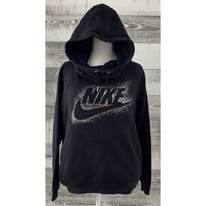 Nike Women's Funnel Neck Hoodie Size M Sweatshirt Black Shiny Swoosh Logo Pocket